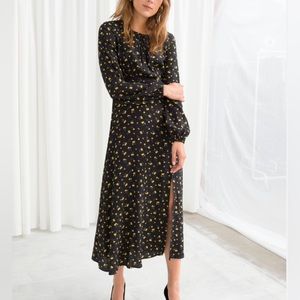 & Other Stories Black with Yellow Floral Long Sleeve Midi Dress with a slit SZ 2